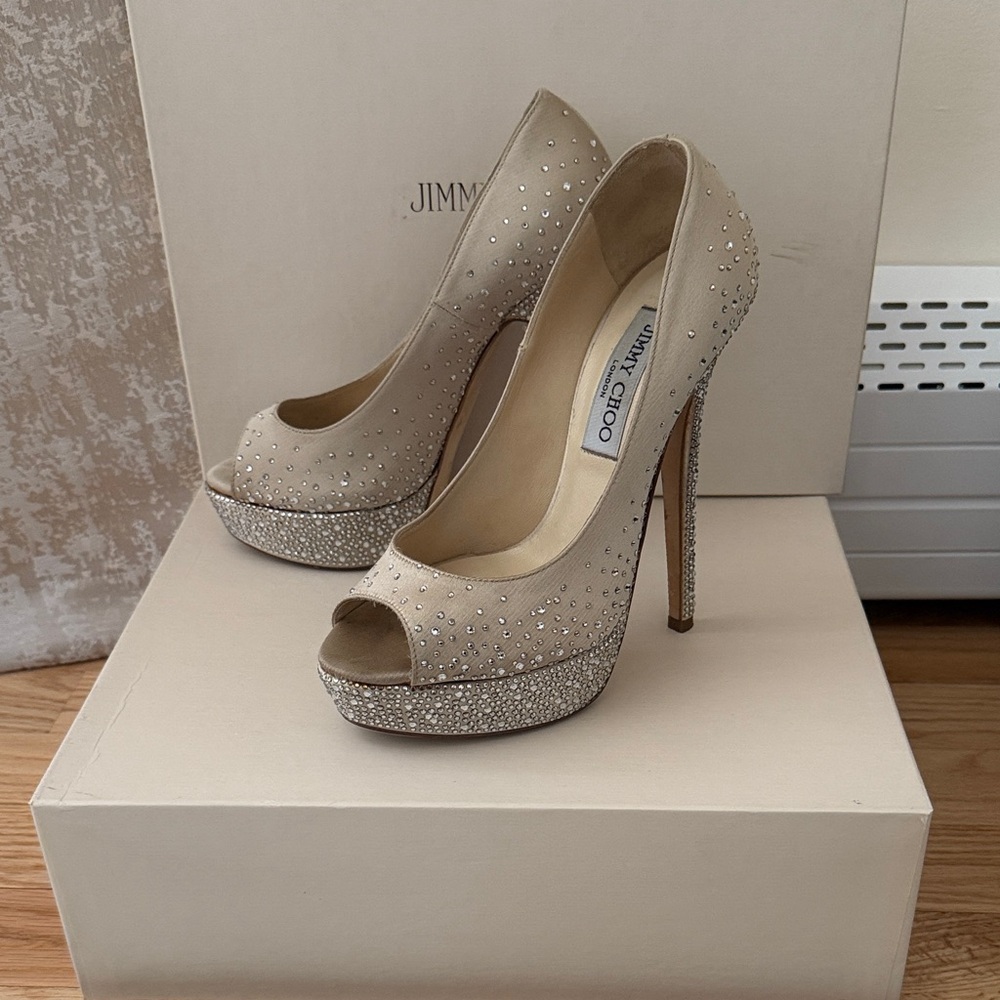 Jimmy Choo Beige and Silver Embellished Heels